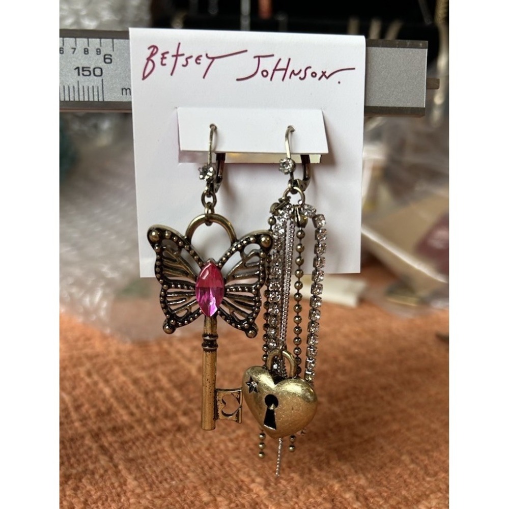 Betsey Johnson Boho Butterfly Lock & Key Crystal Earrings